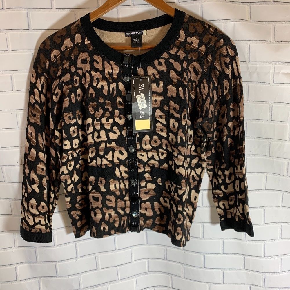 Sweaterworks NWT Print Bejeweled Cardigan Sz L